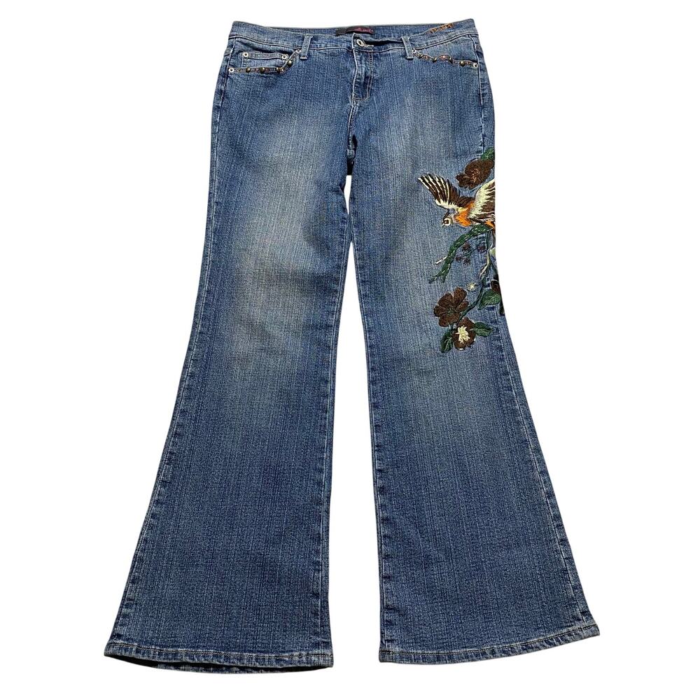 Vintage Willi Smith Y2K Womens 14 Floral Bird Stitched Faded 9” Rise Flare Jean